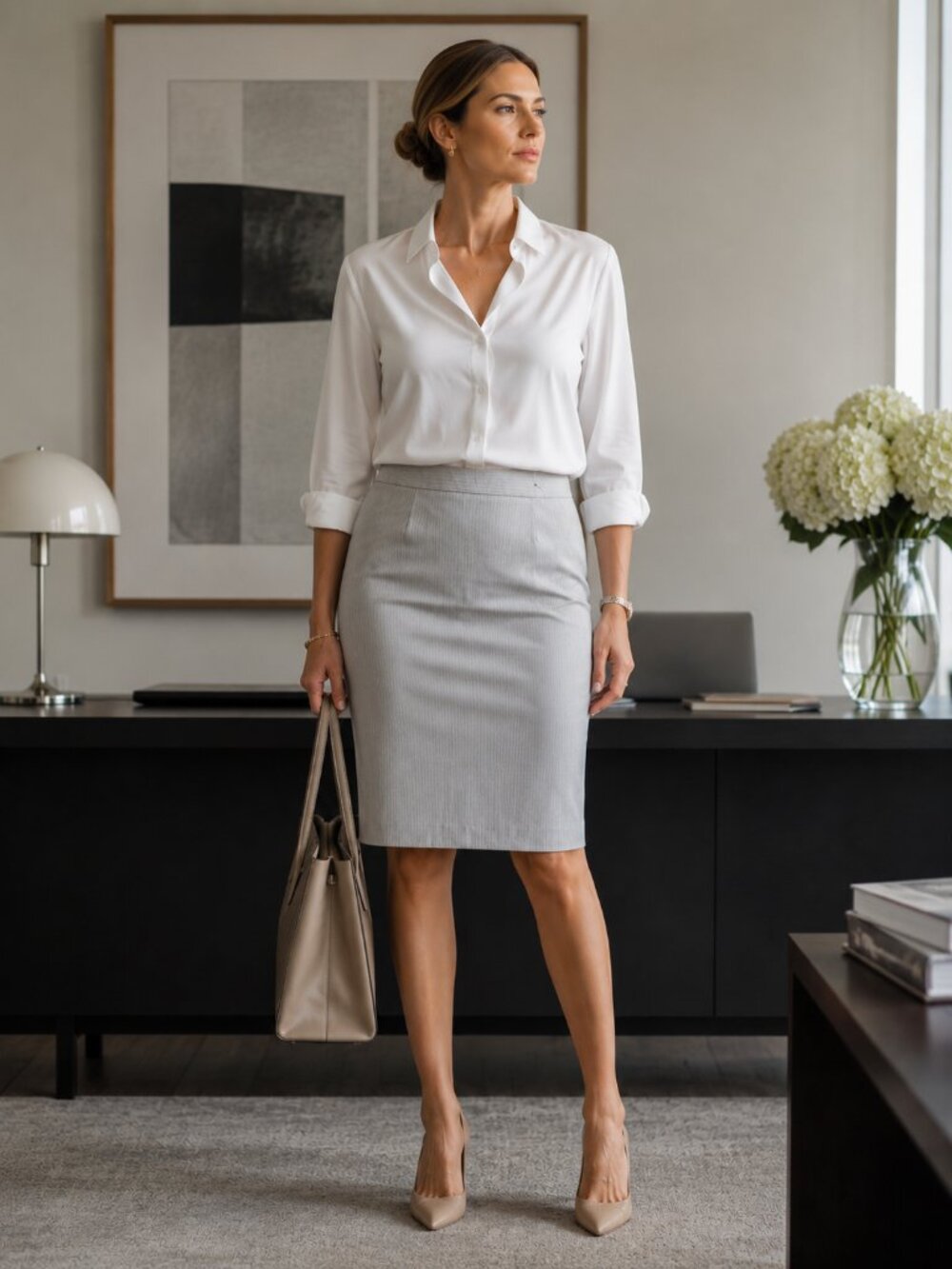 JUDITH & CHARLES Pinstripe Knee Length Pencil Skirt Virgin Wool Career Chic 8